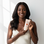 Black woman smiling with glowing skin holding SKINFOOD Tomato Tone Up Sun Cream — Glow Ritual

