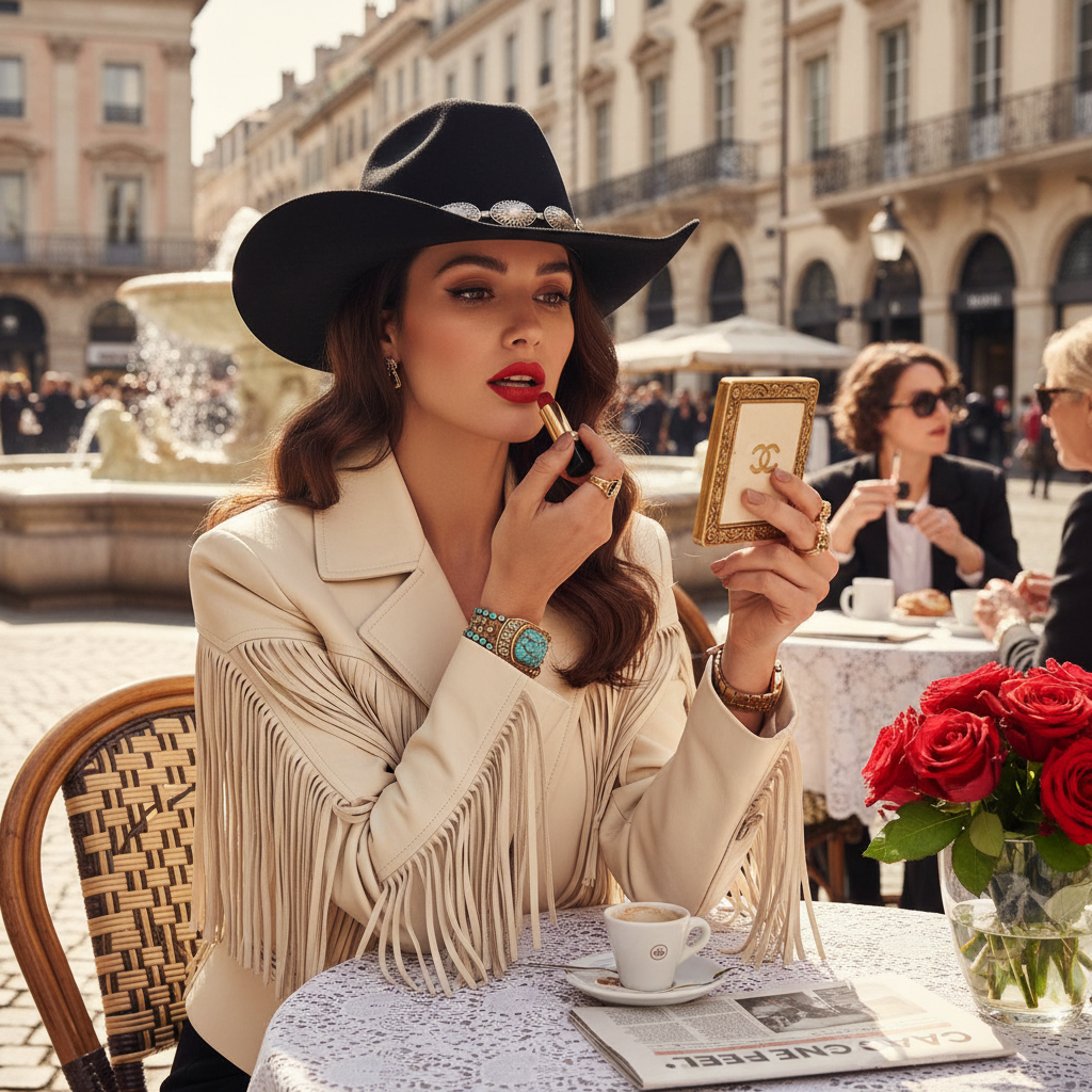 Western model applying Chanel Rouge Coco lipstick in a European cafe setting — luxury beauty lifestyle

