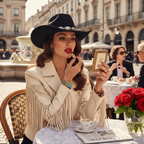 Western model applying Chanel Rouge Coco lipstick in a European cafe setting — luxury beauty lifestyle
