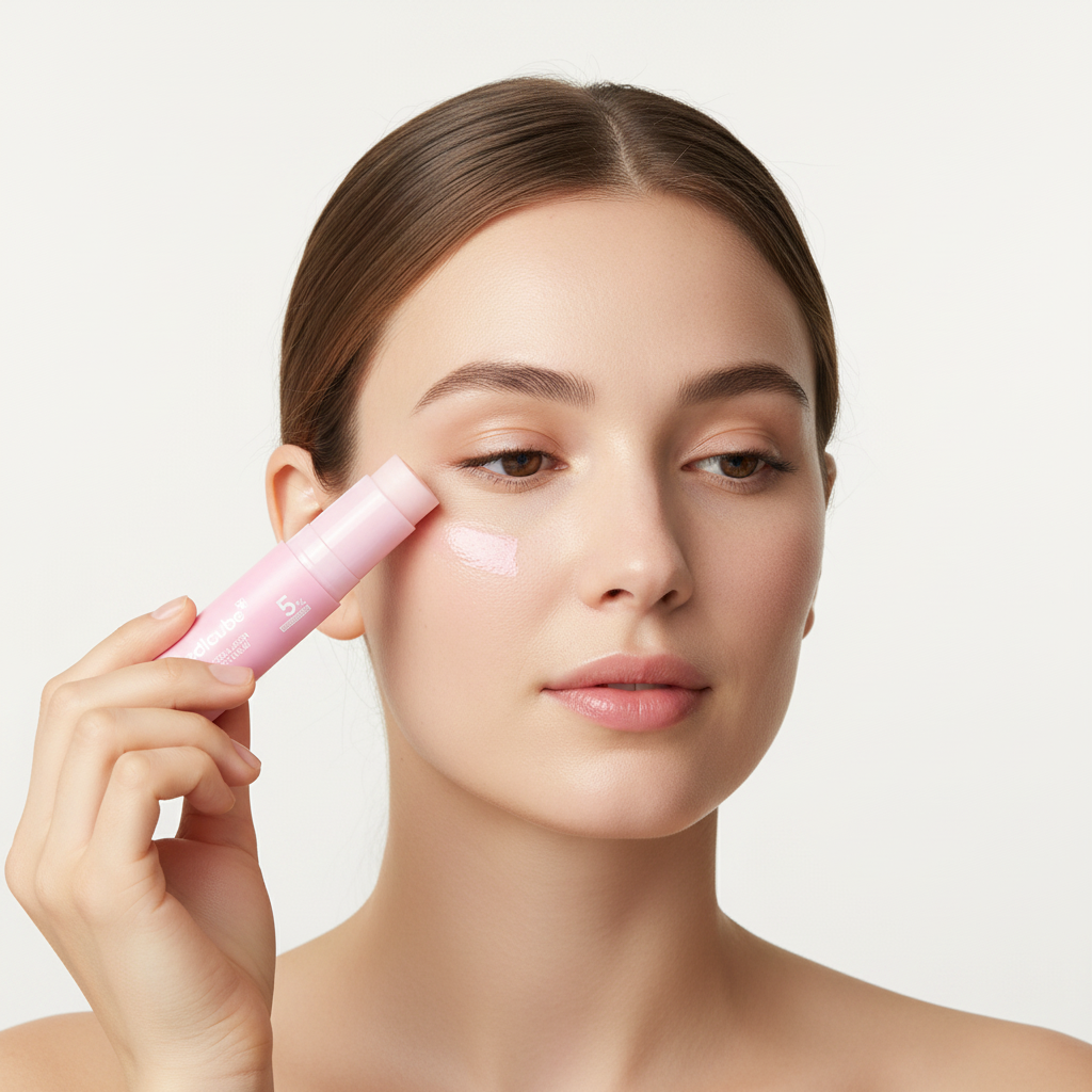 Caucasian woman applying MEDICUBE PDRN Pink Collagen Multi Balm stick under eyes for anti-aging care
