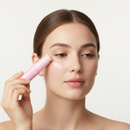 Caucasian woman applying MEDICUBE PDRN Pink Collagen Multi Balm stick under eyes for anti-aging care
