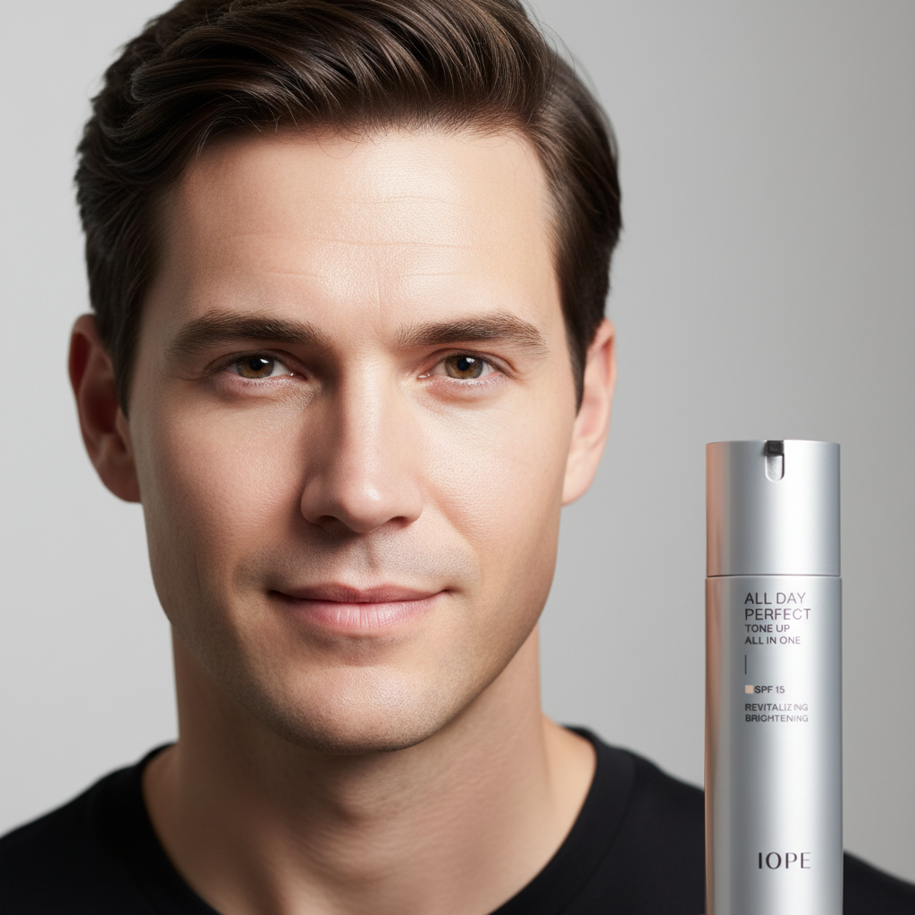 Caucasian male model with radiant even skin tone after IOPE Men tone-up skincare, IOPE silver bottle beside him, natural daylight
