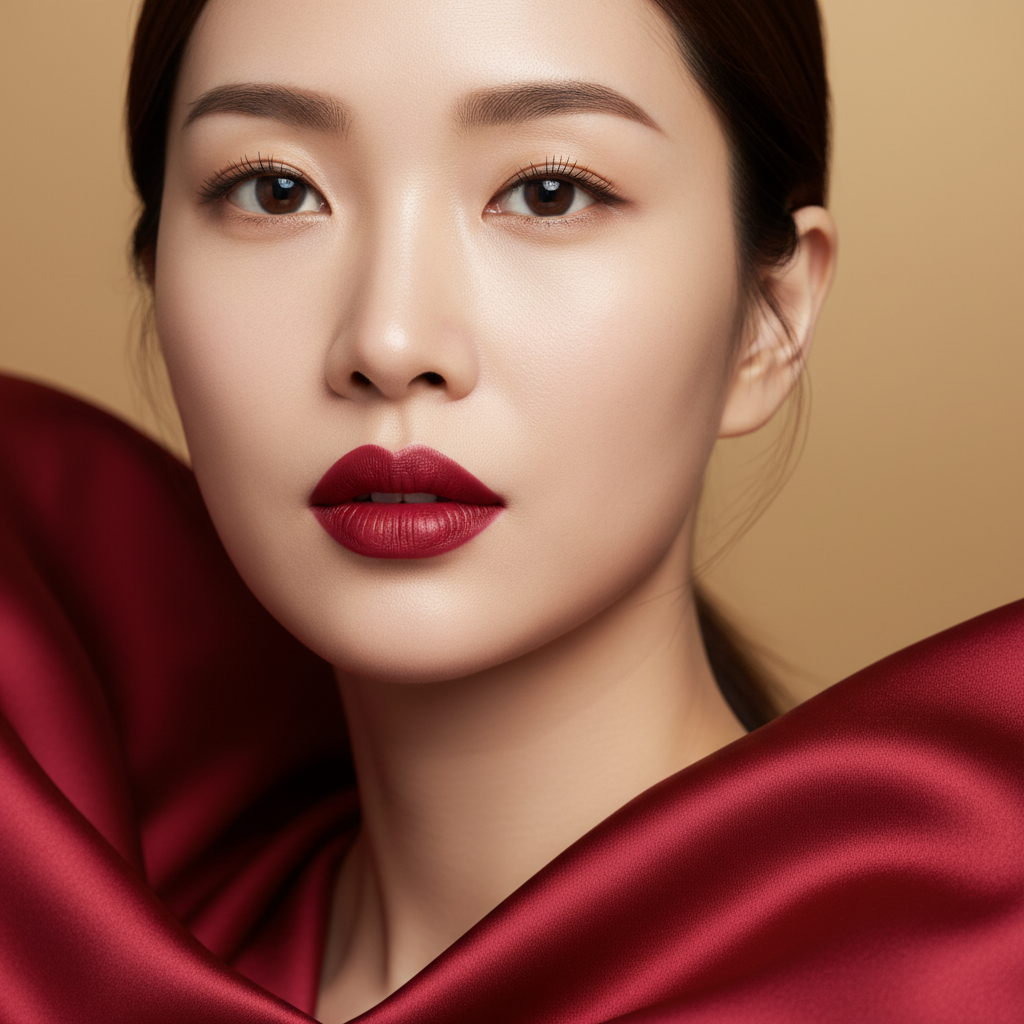 Korean model close-up portrait with perfectly defined lips in Chanel Rouge Coco satin red
