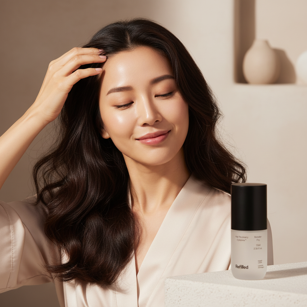 Refilled Hair Recovery Cytokine Booster Pro 70ml — Asian woman massaging scalp serum into hair roots, Refilled hair recovery booster application
