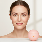 Caucasian female model with soft peachy glowing matte skin, SKINFOOD Peach Cotton peach-pink sphere jar beside her, natural daylight portrait
