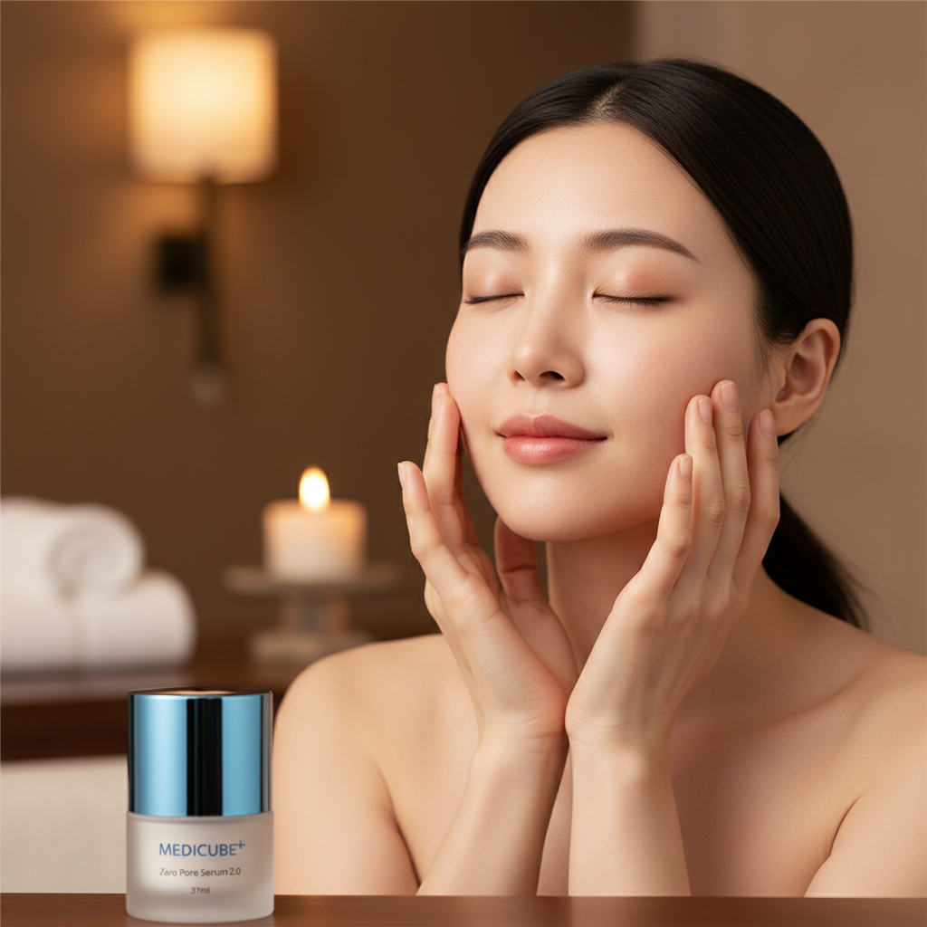 Asian woman gently patting MEDICUBE Zero Pore Serum 2.0 into skin for refined pore texture
