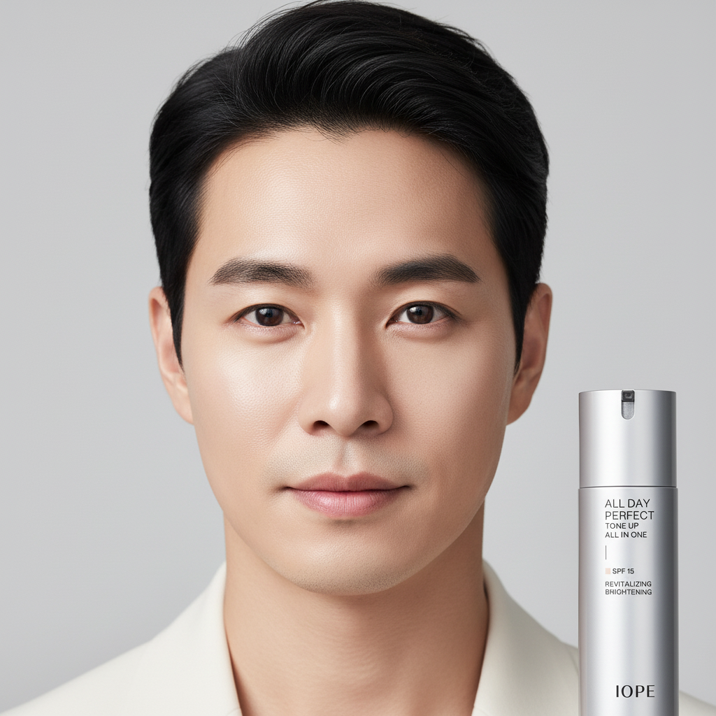 Korean male model with glowing even skin after IOPE Men tone-up skincare, IOPE silver bottle beside him, intellectual refined look
