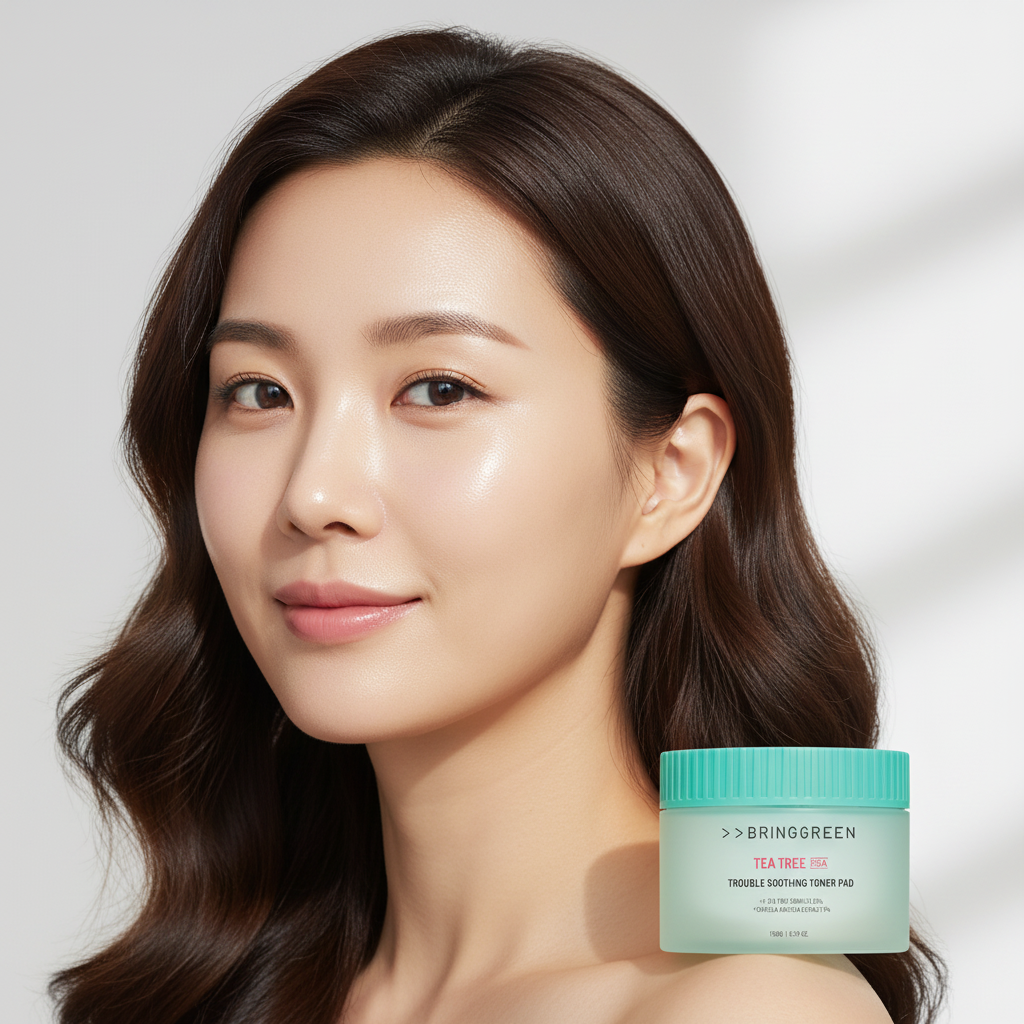 East Asian female model with glowing clear skin, BRINGGREEN Tea Tree Cica Trouble Soothing Toner Pad mint green container beside her, natural light portrait

