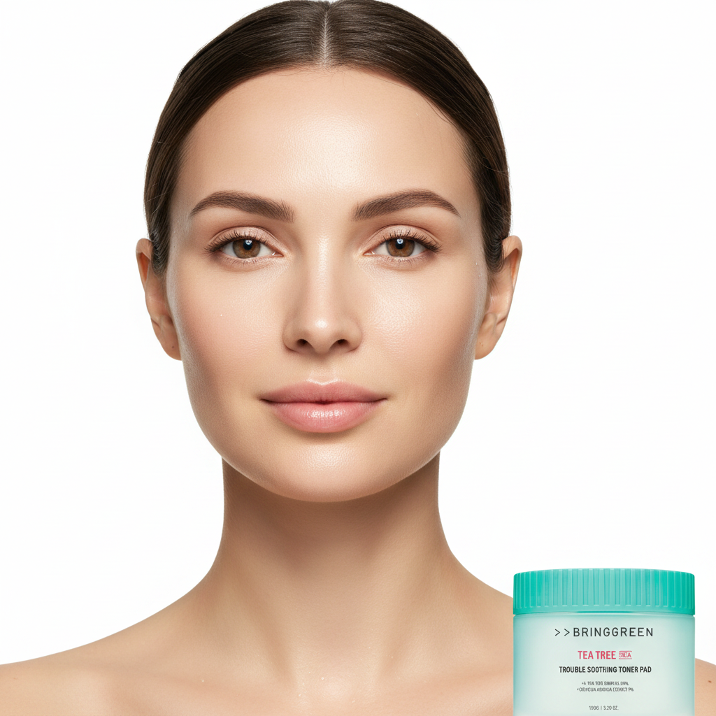 Caucasian female model with calm clear radiant skin, BRINGGREEN Tea Tree Cica mint green container beside her, natural daylight portrait

