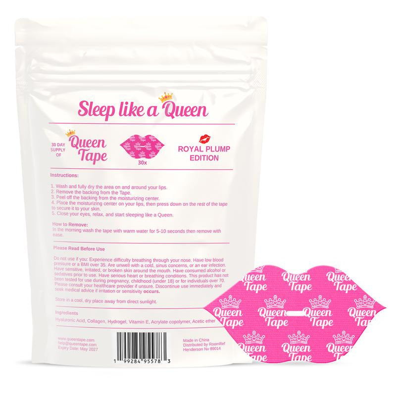 Queen Tape Royal Plump Edition packaging back — ingredients, how to use instructions, 30-day supply sleep mouth tape — Glow Ritual
