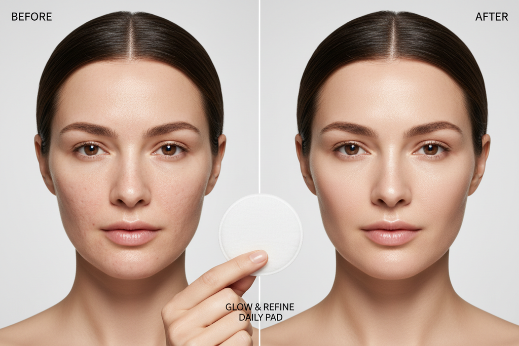 Western woman before and after using Medicube Zero Pore Pad showing refined pores and brighter skin

