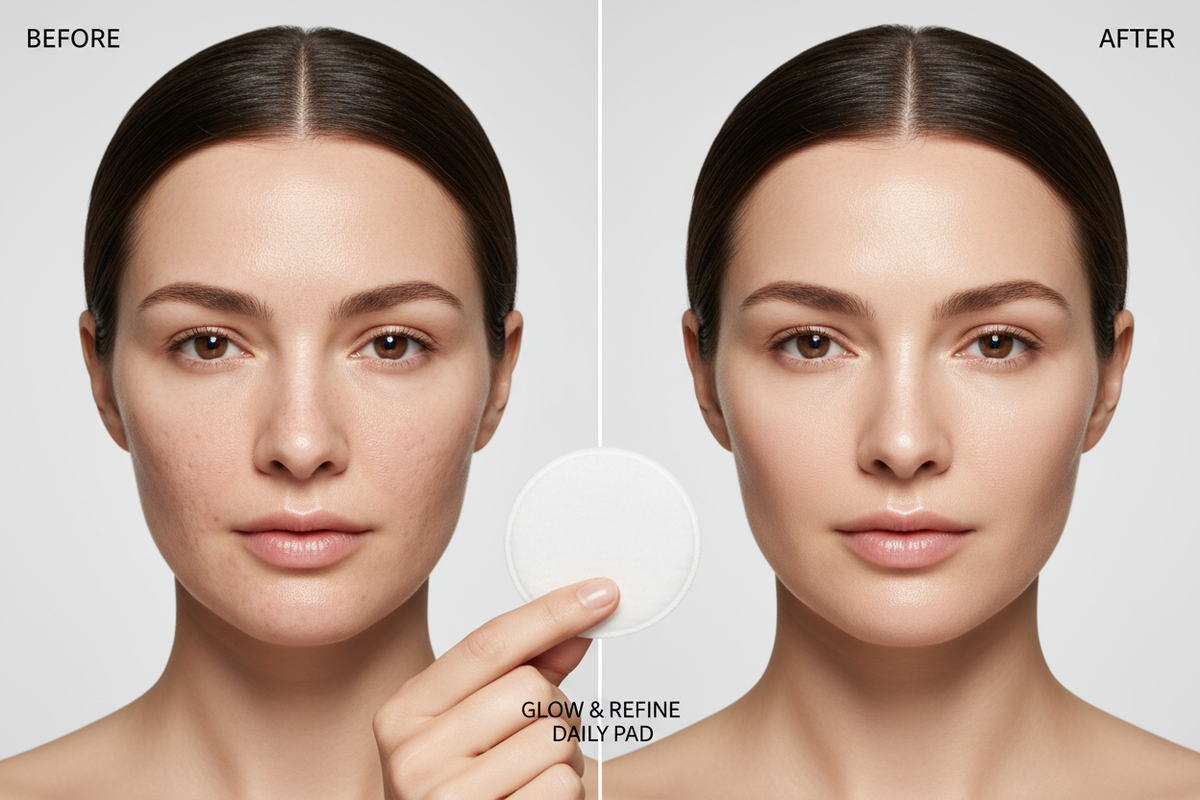 Western woman before and after using Medicube Zero Pore Pad showing refined pores and brighter skin
