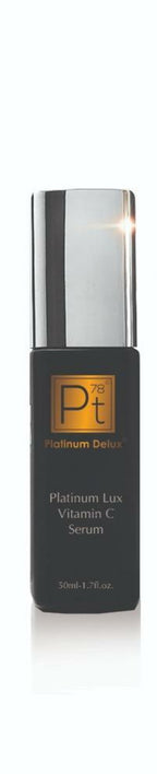 Platinum Lux Vitamin C Serum ingredients and benefits detail, Colloidal Platinum, Collagen, Hyaluronic Acid, premium luxury skincare formula
