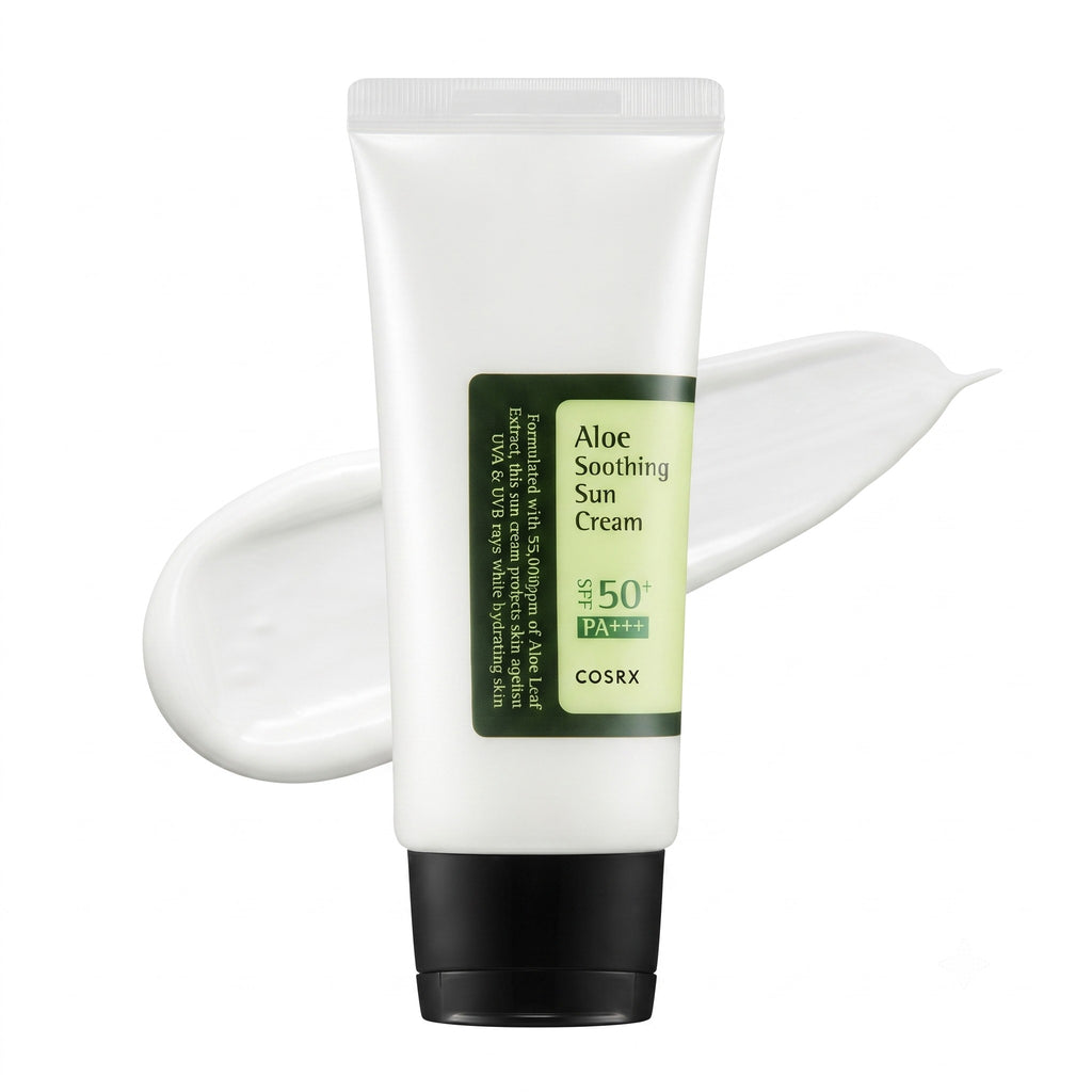 COSRX Aloe Soothing Sun Cream SPF50+ PA+++ 50ml – White tube with black cap and aloe vera extract for lightweight sun protection and skin soothing

