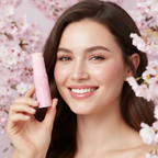 Caucasian woman holding MEDICUBE PDRN Pink Collagen Multi Balm stick with radiant glowing skin
