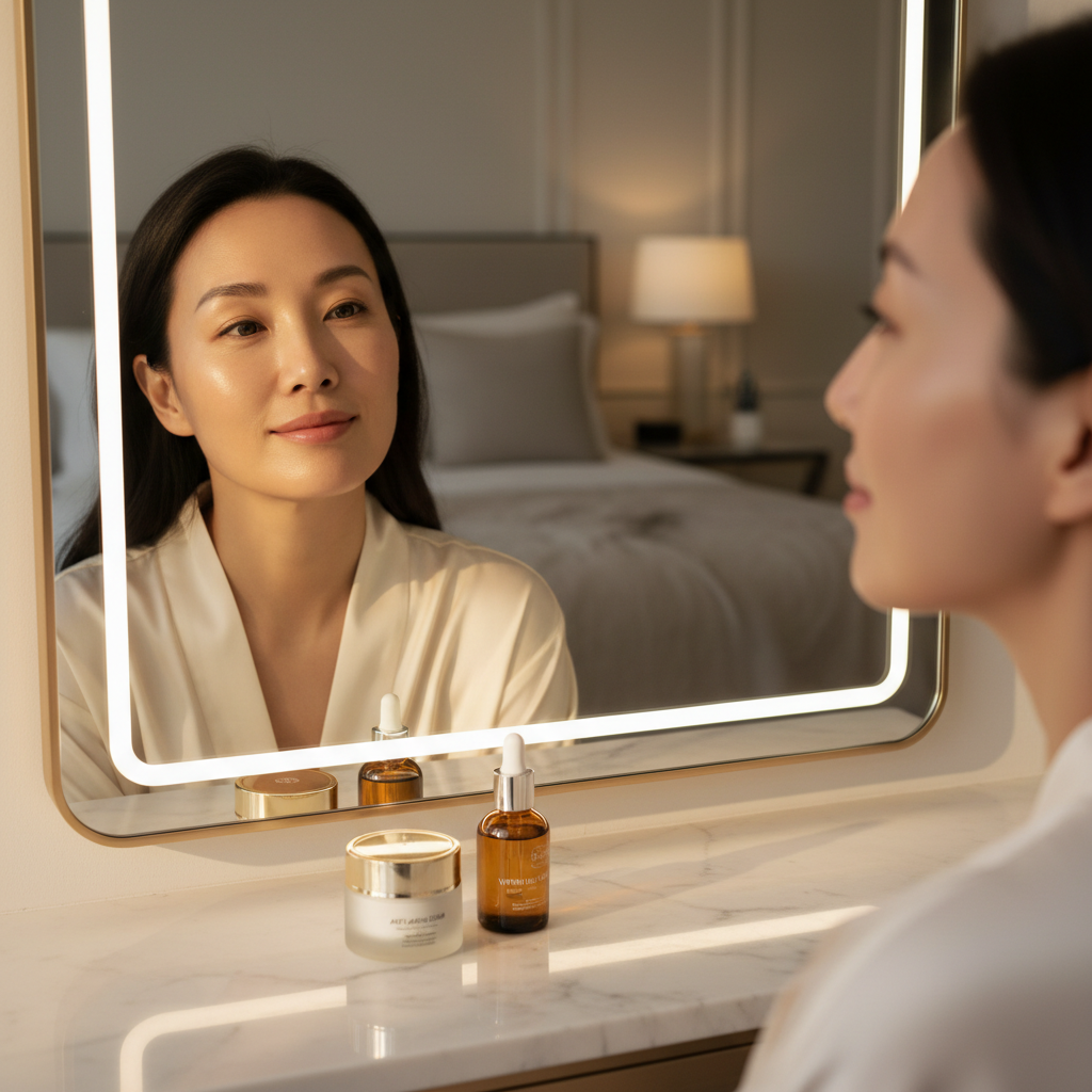 Asian model showing radiant skin after completing LE'VEA anti-aging skincare routine
