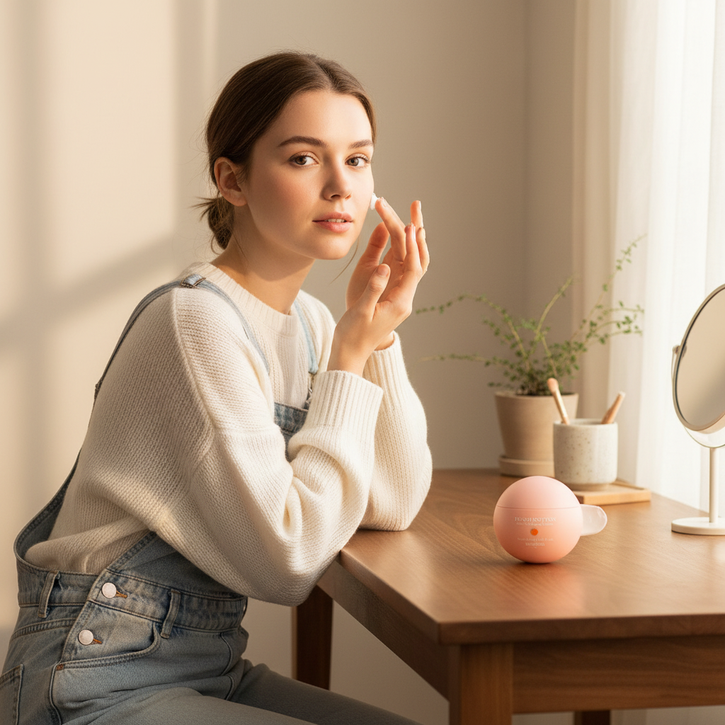 Caucasian female model in casual chic outfit with SKINFOOD Peach Cotton Toning Cream on vanity table, warm lifestyle skincare shot
