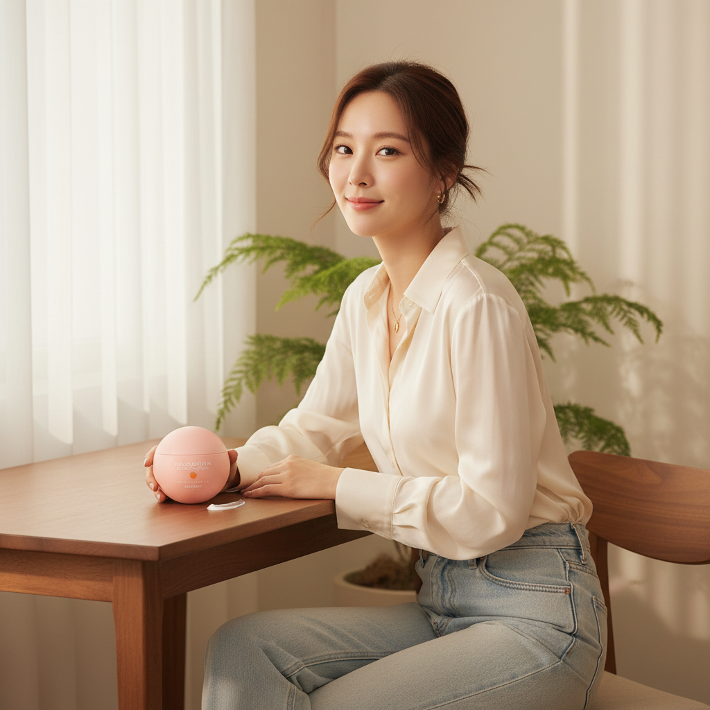 East Asian female model with peachy clear matte skin, SKINFOOD Peach Cotton Zinc PCA Toning Cream beside her, premium K-beauty skincare lifestyle
