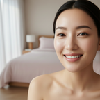 Asian woman with clear radiant glass-like glowing skin after using I'm From Rice Sheet Mask, luminous even complexion, K-beauty after result
