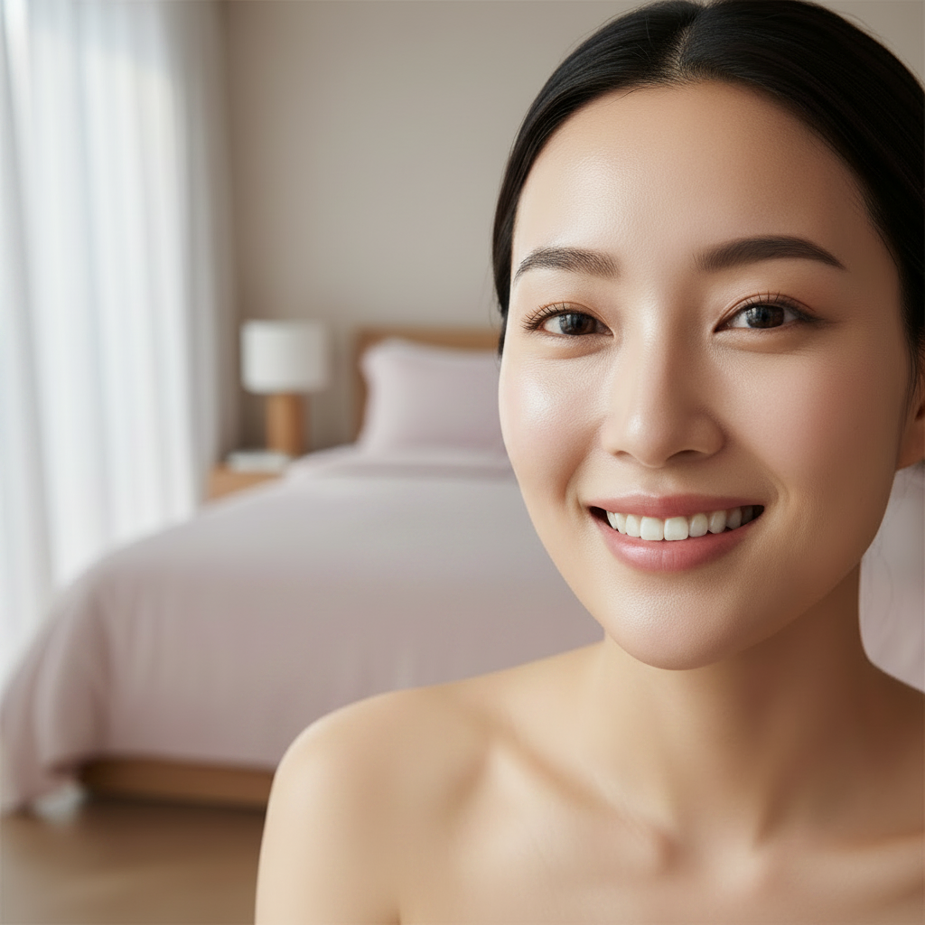 Asian woman with clear radiant glass-like glowing skin after using I'm From Rice Sheet Mask, luminous even complexion, K-beauty after result
