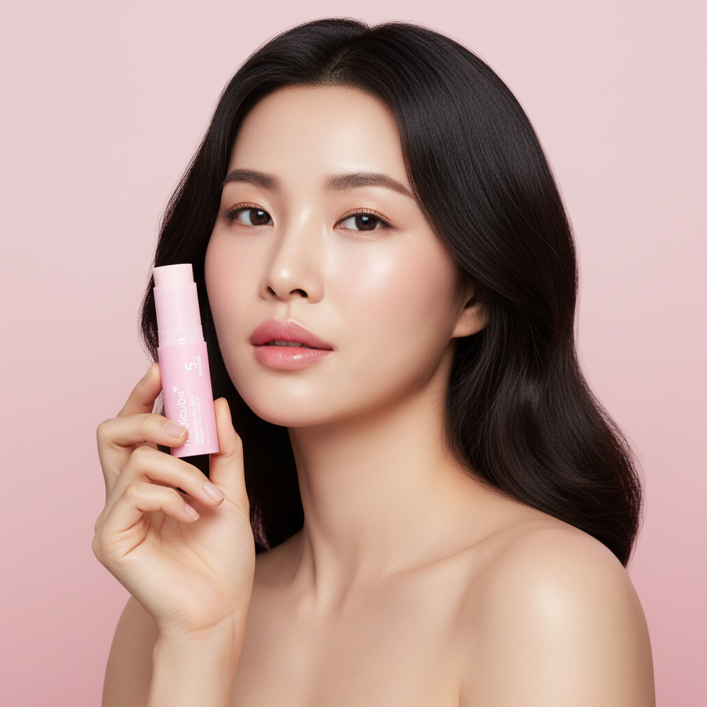 Asian woman holding MEDICUBE PDRN Pink Collagen Multi Balm stick with luminous dewy skin
