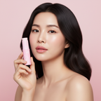 Asian woman holding MEDICUBE PDRN Pink Collagen Multi Balm stick with luminous dewy skin
