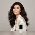 Refilled Hair Recovery Cytokine Booster Pro 70ml — Asian woman with beautifully restored thick flowing hair beside Refilled hair booster bottle, luxury editorial
