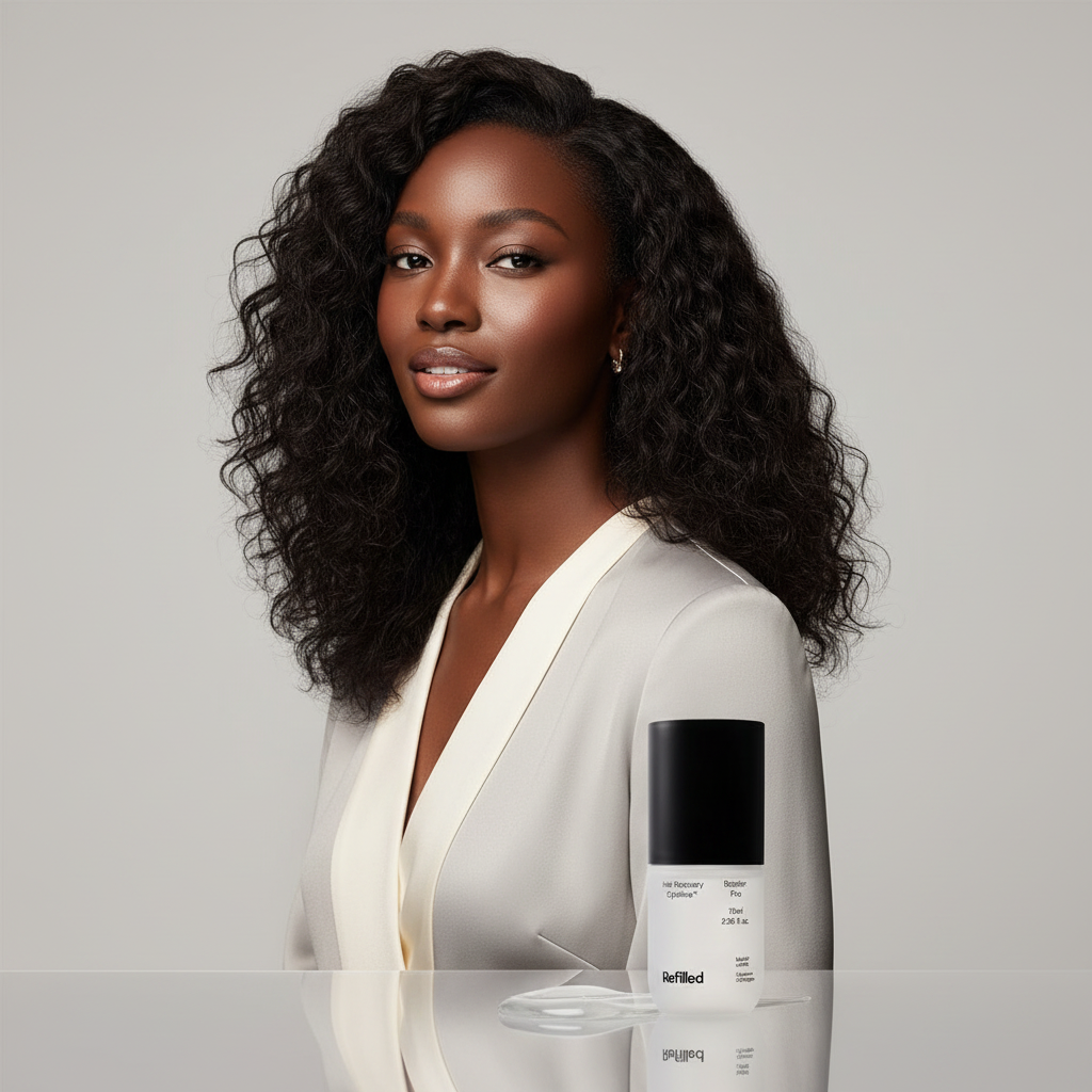 Refilled Hair Recovery Cytokine Booster Pro 70ml — Black woman with lush restored hair beside frosted glass hair booster bottle, luxury beauty editorial
