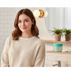 Caucasian female model in casual outfit standing beside bathroom shelf with BRINGGREEN Tea Tree Cica Toner Pad, warm lifestyle skincare shot
