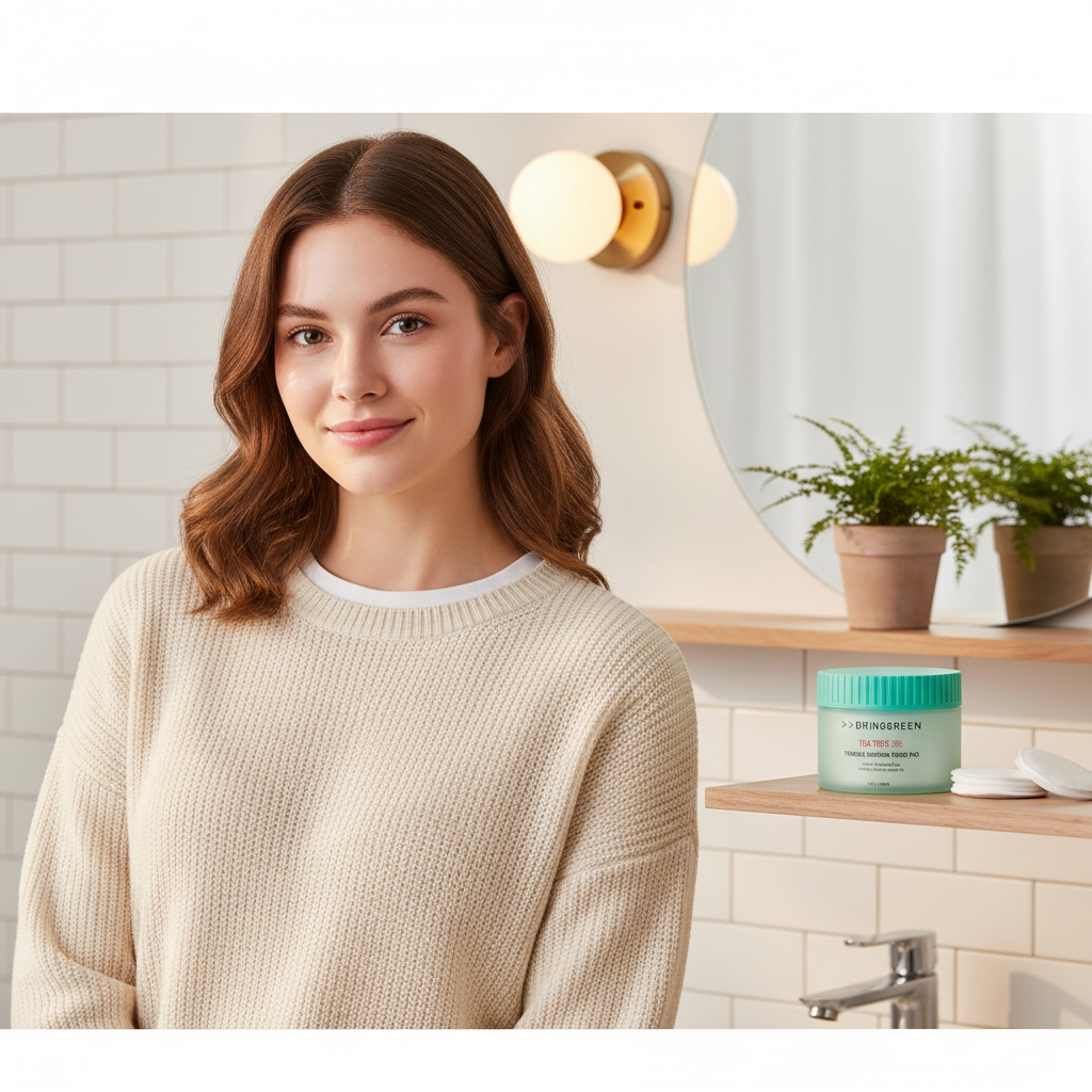 Caucasian female model in casual outfit standing beside bathroom shelf with BRINGGREEN Tea Tree Cica Toner Pad, warm lifestyle skincare shot
