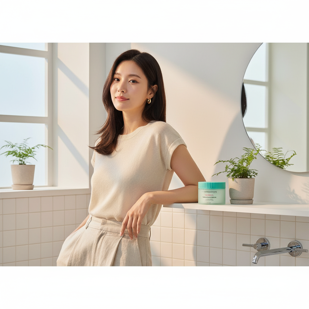 East Asian female model in casual chic outfit leaning against bathroom counter with BRINGGREEN Tea Tree Cica Toner Pad on shelf, K-beauty lifestyle shot
