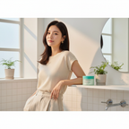 East Asian female model in casual chic outfit leaning against bathroom counter with BRINGGREEN Tea Tree Cica Toner Pad on shelf, K-beauty lifestyle shot
