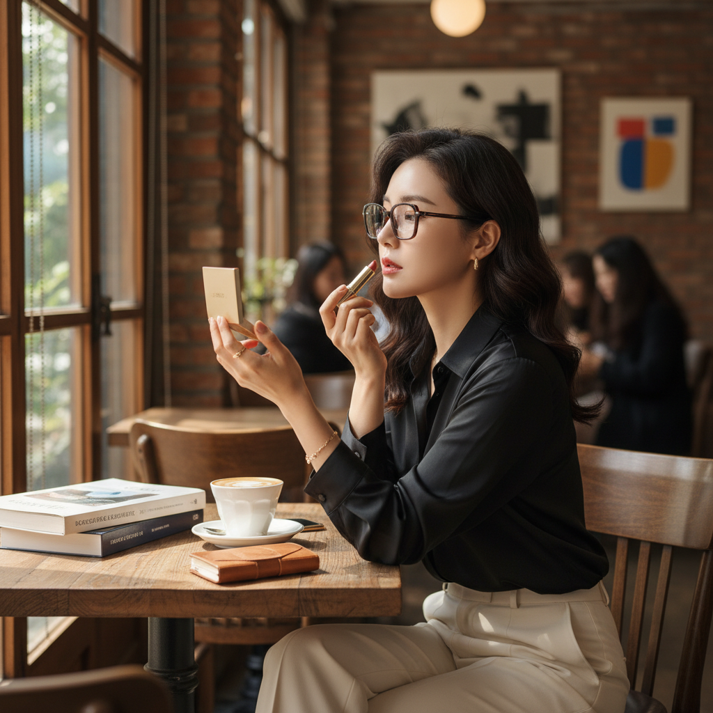 Korean woman touching up lips with Chanel Rouge Coco lipstick in a chic cafe — lifestyle beauty
