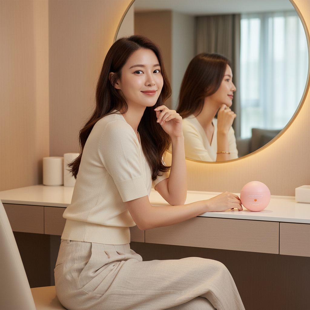 East Asian female model in casual chic outfit with SKINFOOD Peach Cotton Toning Cream on vanity table, warm lifestyle K-beauty skincare shot
