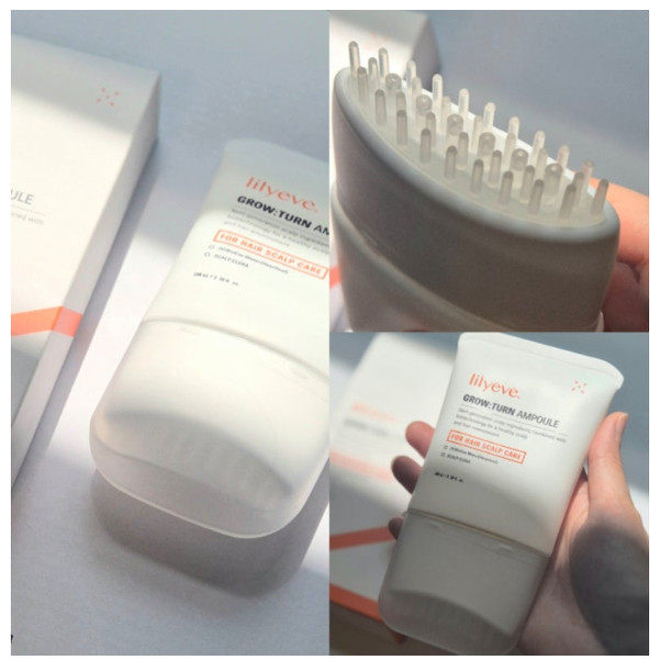 Lilyeve Scalp Essence Shampoo unboxing scene showing product inside open white box with orange accent

