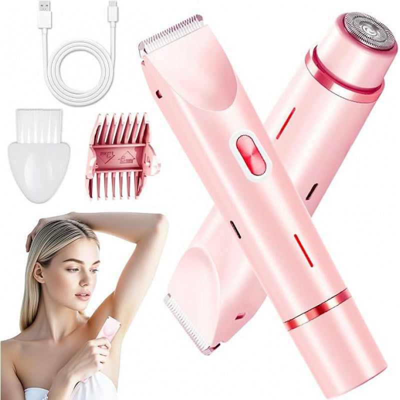 Pink women's electric shaver set with dual heads, comb attachment, cleaning brush and USB cable
