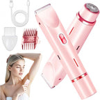Pink women's electric shaver set with dual heads, comb attachment, cleaning brush and USB cable
