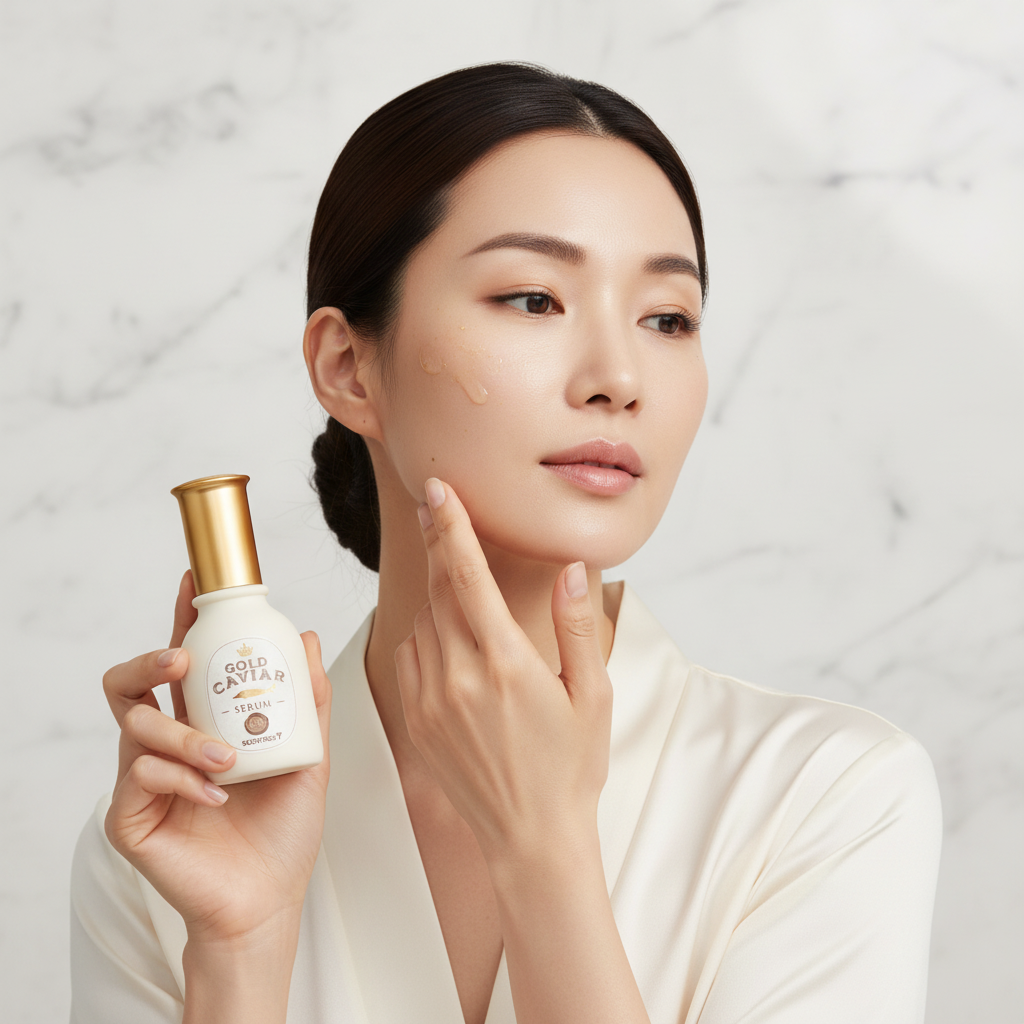 SKINFOOD Gold Caviar Serum – Elegant Asian model applying firming serum with fingertips
