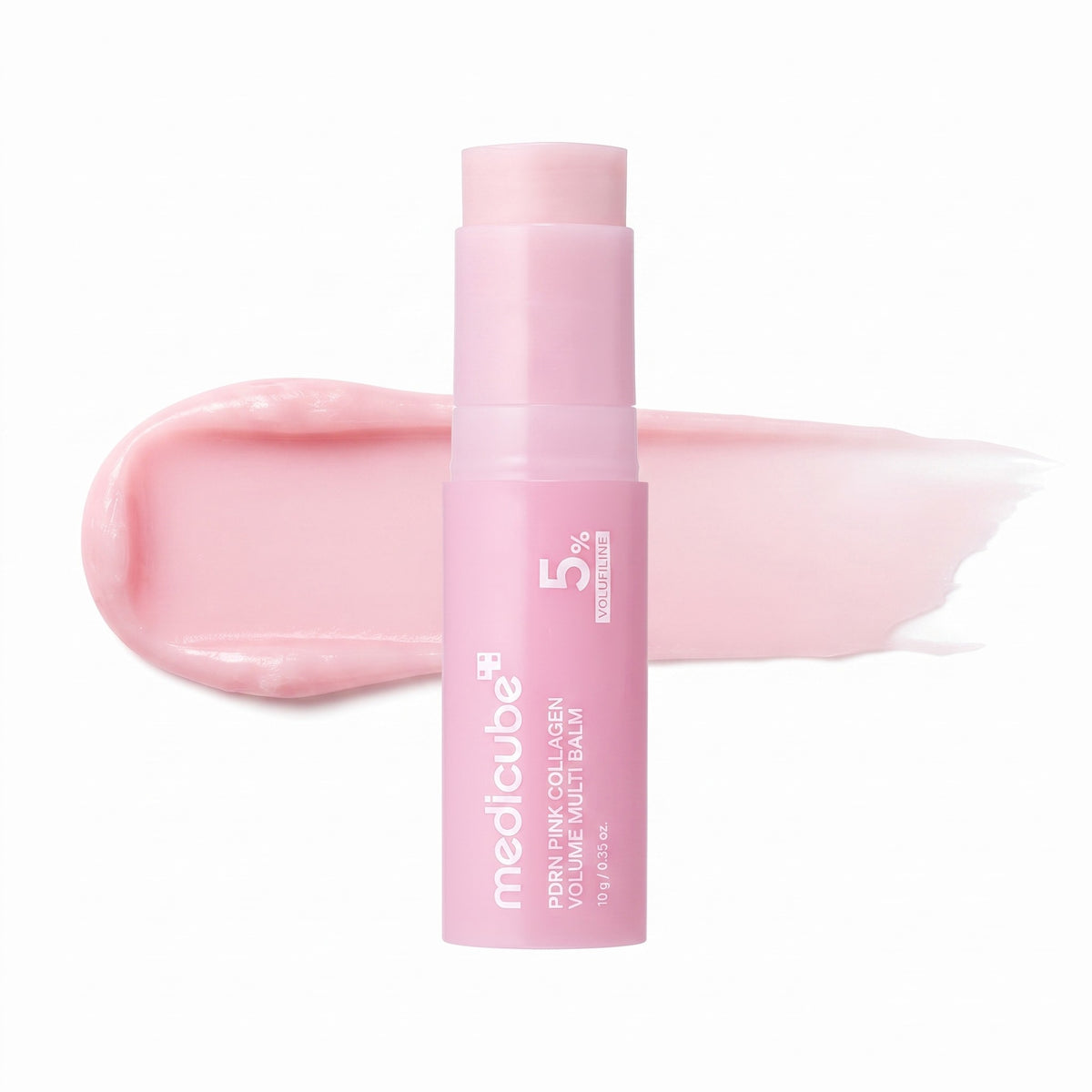 MEDICUBE PDRN Pink Collagen Volume Multi Balm 10g stick with pink swatch on white background

