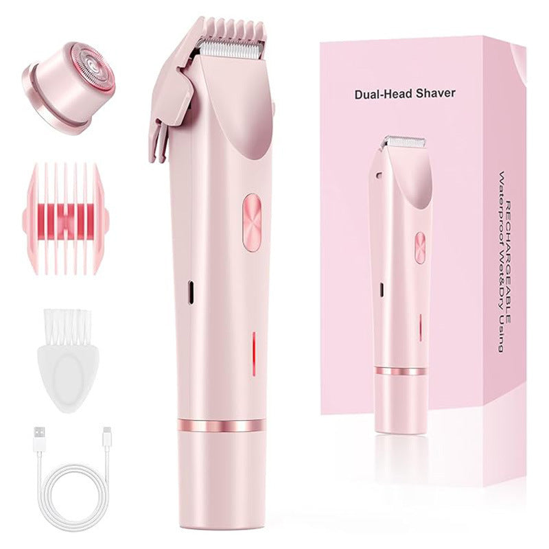 Pink dual-head women's electric shaver with retail box, comb attachment, cleaning brush and USB cable – full set view
