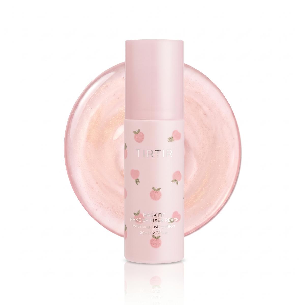 TIRTIR Mask Fit Make-Up Fixer Peach 80ml – light pink bottle with peach pattern, setting spray product shot
