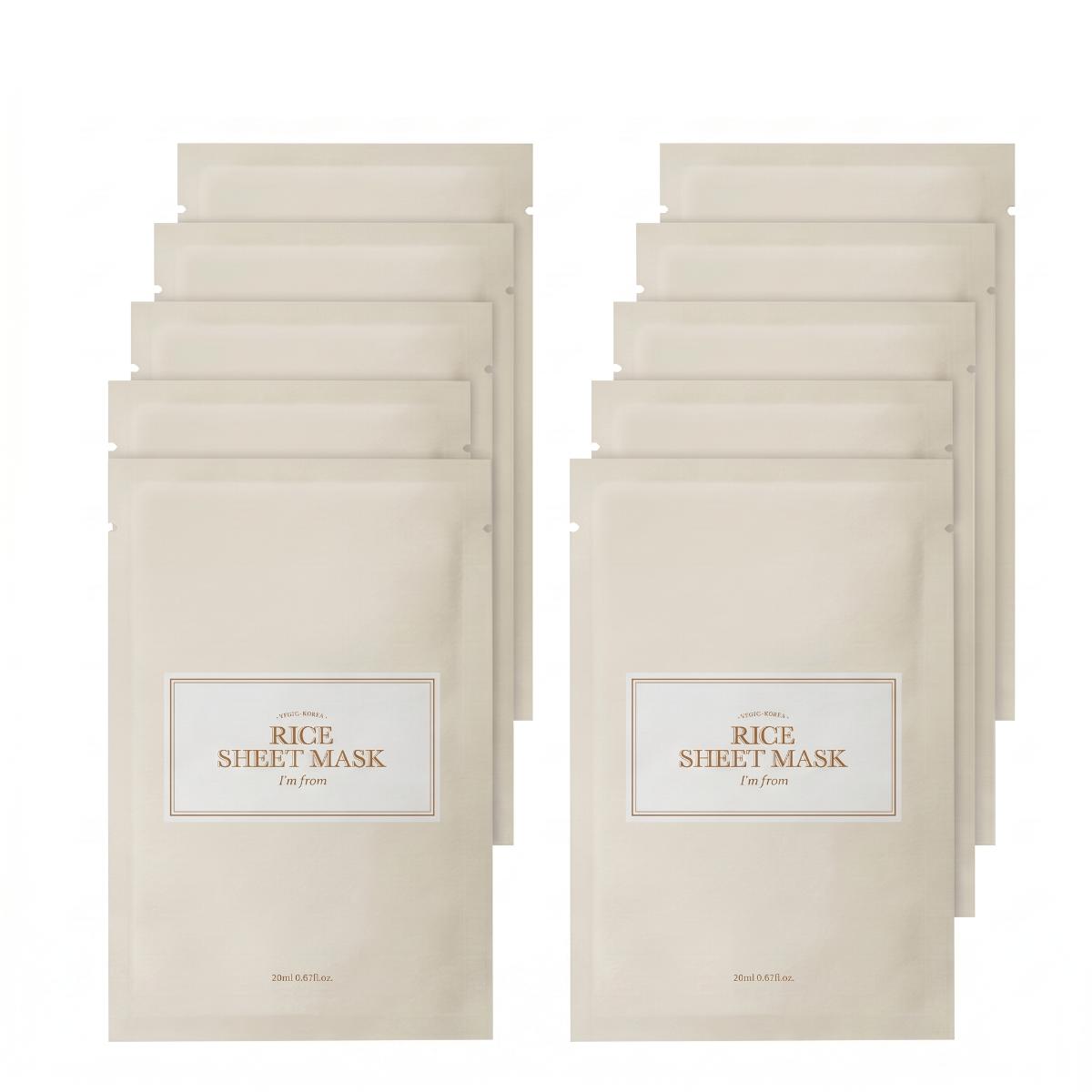 I'm From Rice Sheet Mask 10 sheets, cream beige minimal packaging with gold text, K-beauty brightening sheet mask with Yeoju Rice Extract
