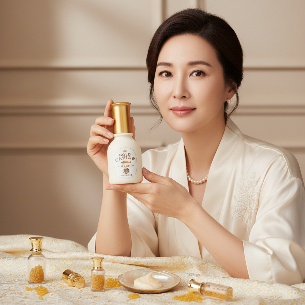 SKINFOOD Gold Caviar Serum – Sophisticated Asian model holding bottle with gold caviar luxury props
