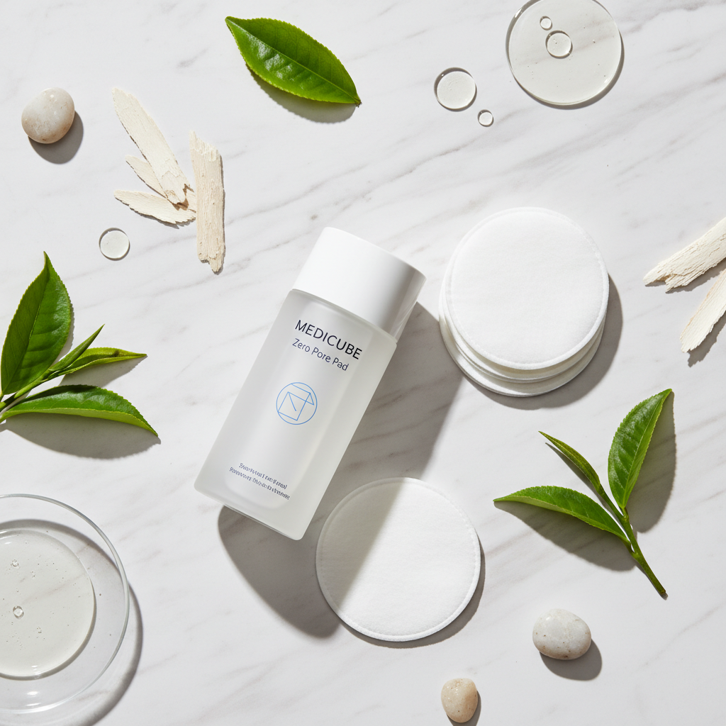 Medicube Zero Pore Pad toner bottle and cotton pads flat lay on marble with green tea leaves
