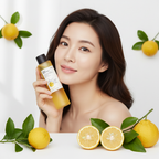SKINFOOD Yuja C Toner – Sophisticated Asian model holding bottle with yuja fruits and green leaves

