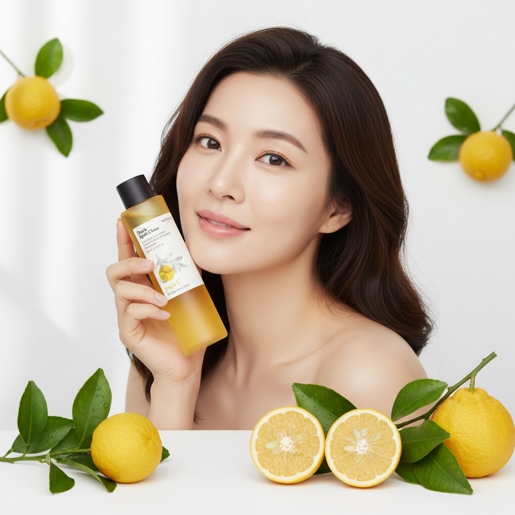 SKINFOOD Yuja C Toner – Sophisticated Asian model holding bottle with yuja fruits and green leaves

