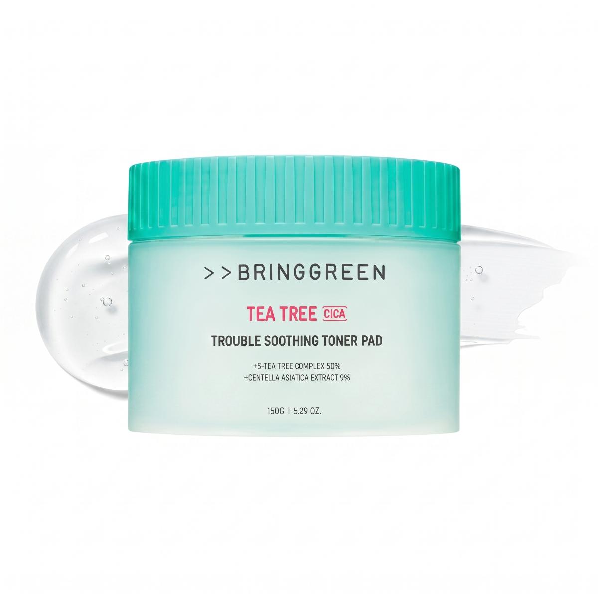 BRINGGREEN Tea Tree Cica Trouble Soothing Toner Pad 90 Pads — mint green container with teal lid on white background
