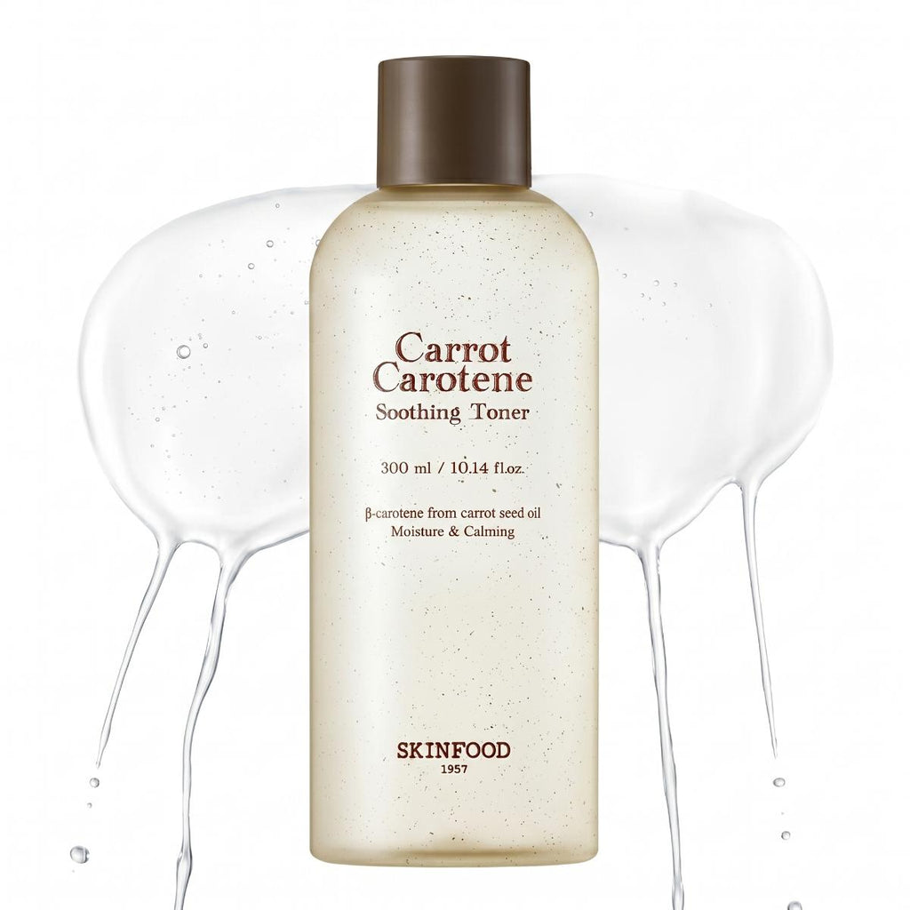 SKINFOOD Carrot Carotene Soothing Toner 300ml cream bottle with brown cap and watery toner splash on white background
