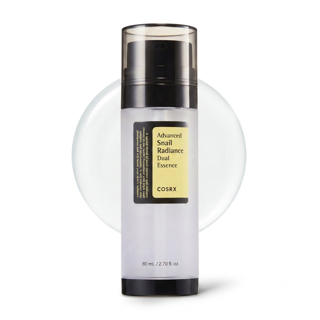 COSRX Advanced Snail Radiance Dual Essence 80ml – Transparent pump bottle with black cap and yellow label for skin radiance and hydration
