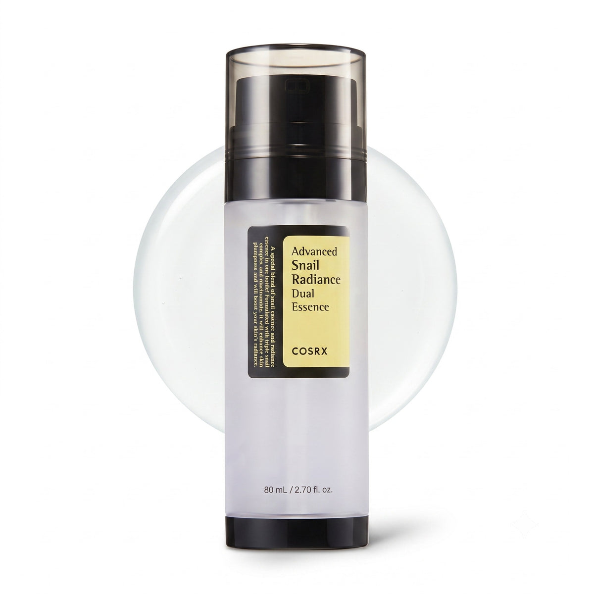 COSRX Advanced Snail Radiance Dual Essence 80ml – Transparent pump bottle with black cap and yellow label for skin radiance and hydration
